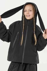 Girl's Black Detachable Ear Hood Waterproof Insulated Snow Jacket